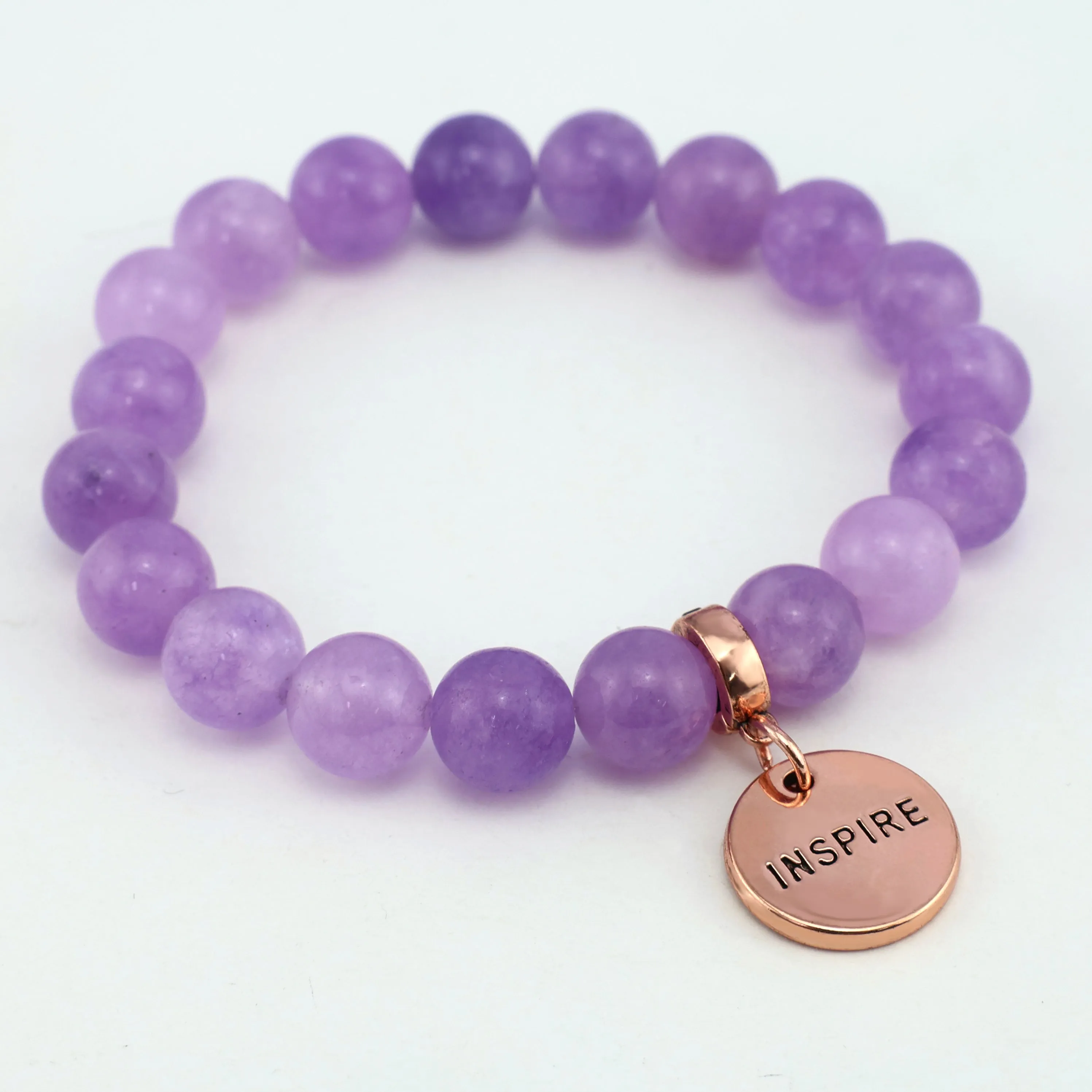 Stone Bracelet - Violet Agate 10mm Beads - with Rose Gold Word Charm