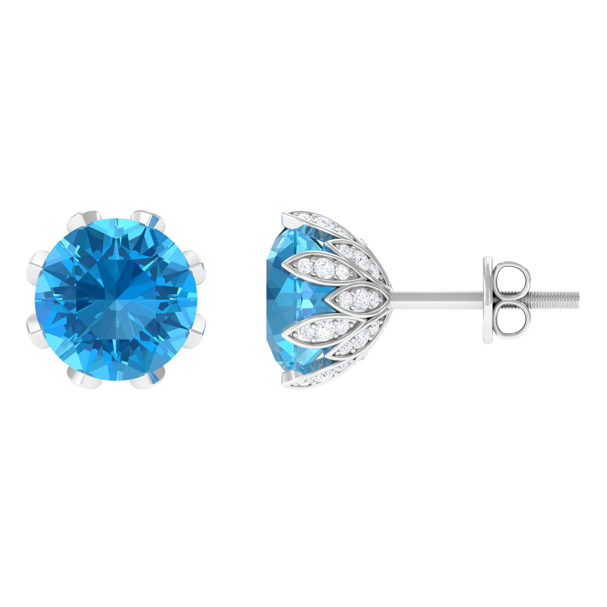 Swiss Blue Topaz Flower Bridal Stud Earrings with Diamond