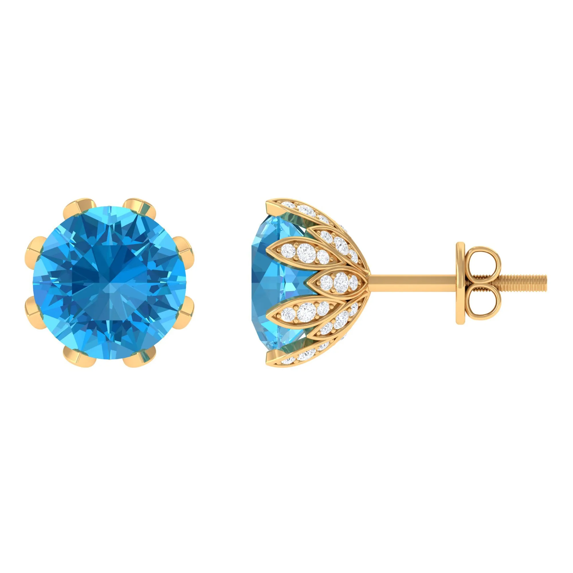 Swiss Blue Topaz Flower Bridal Stud Earrings with Diamond