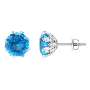 Swiss Blue Topaz Flower Bridal Stud Earrings with Diamond