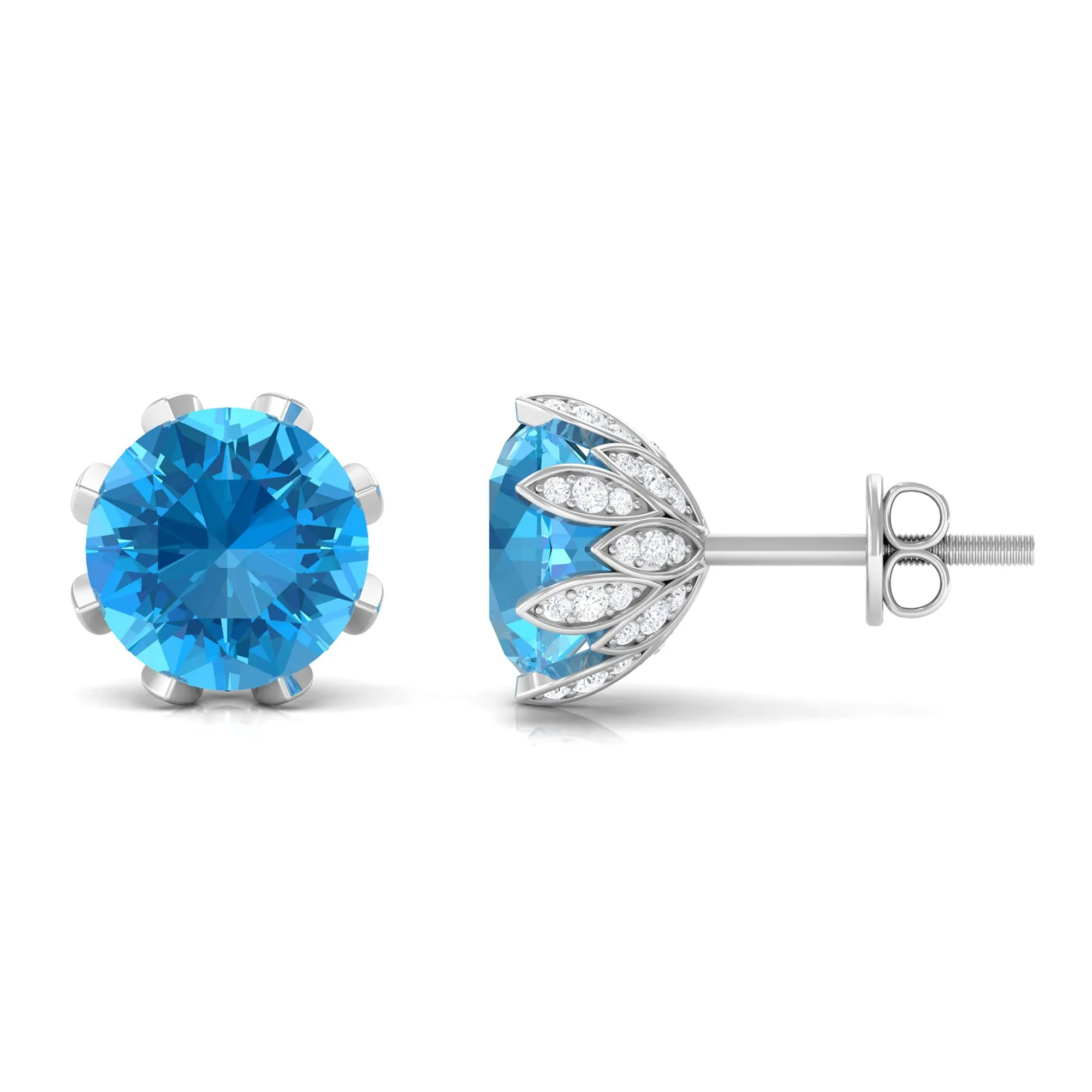 Swiss Blue Topaz Flower Bridal Stud Earrings with Diamond