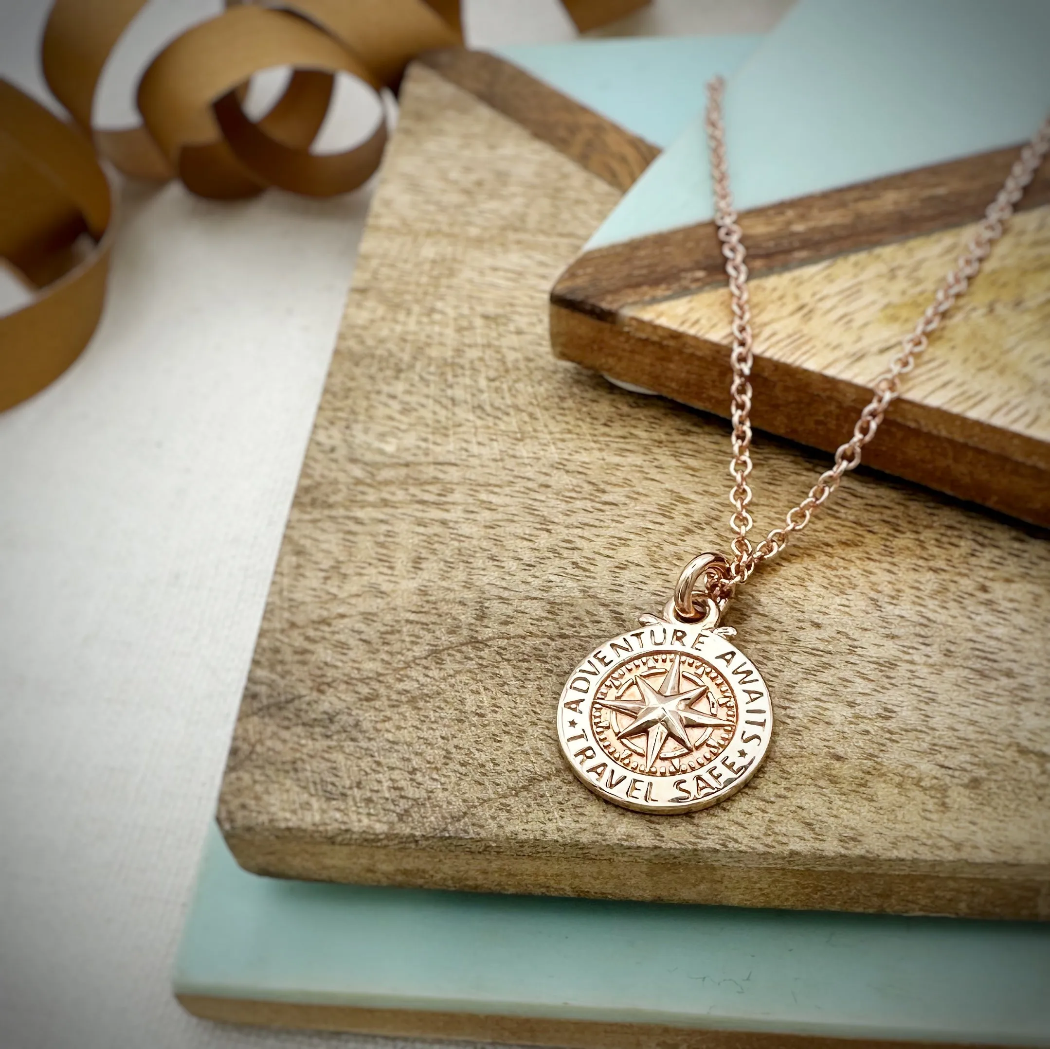 Travel Safe Compass Personalised Solid Rose Gold Necklace