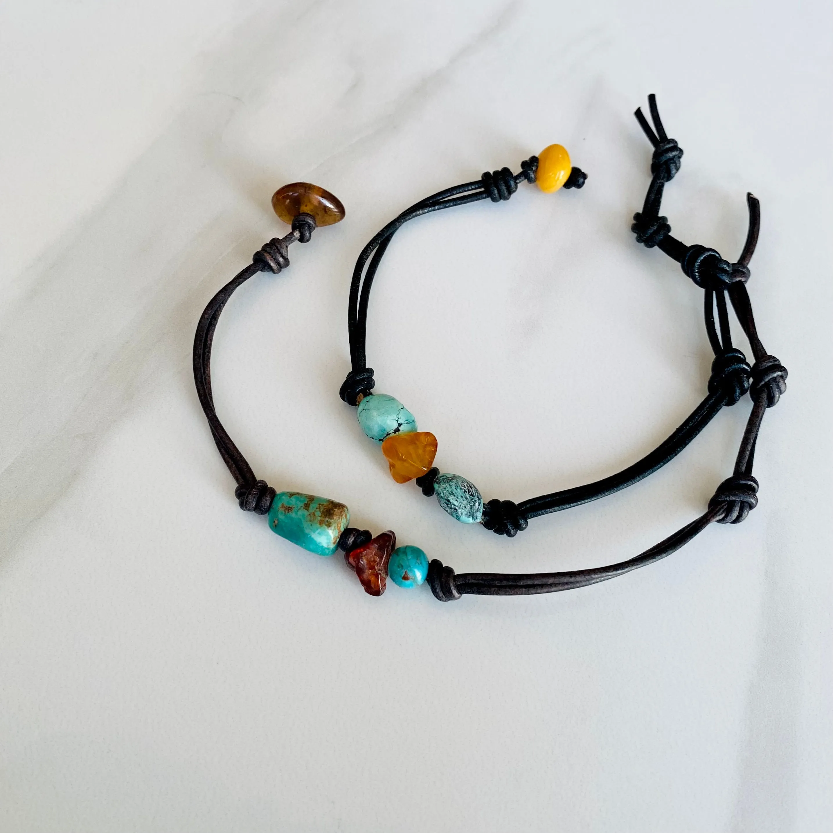 Turquoise & Amber Leather Bracelet