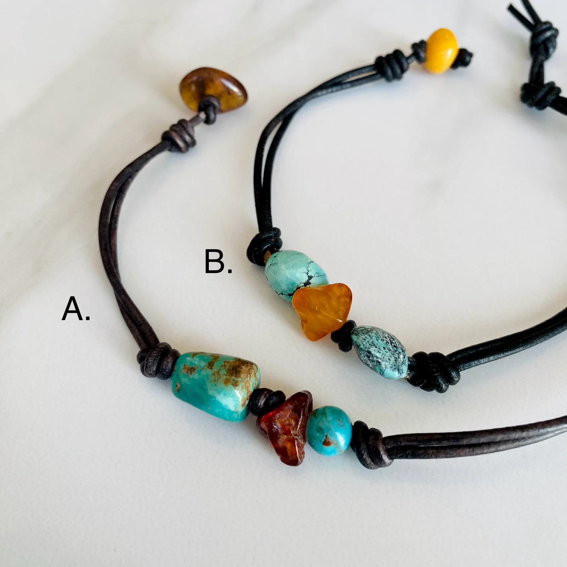 Turquoise & Amber Leather Bracelet