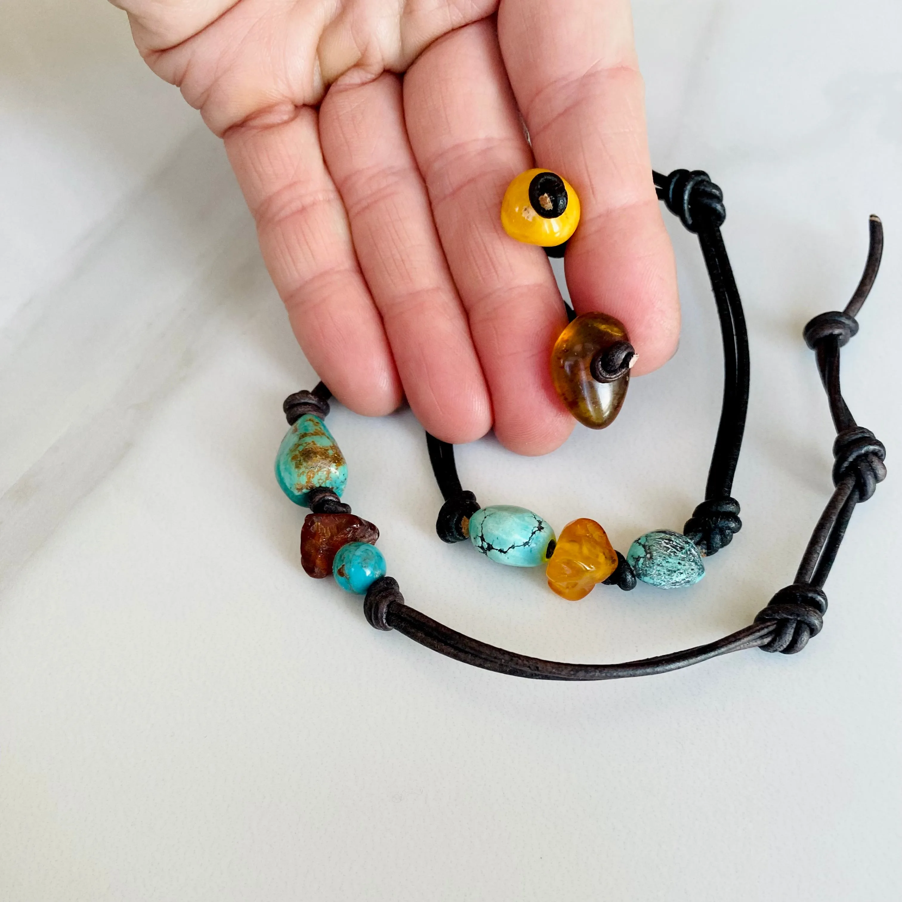 Turquoise & Amber Leather Bracelet