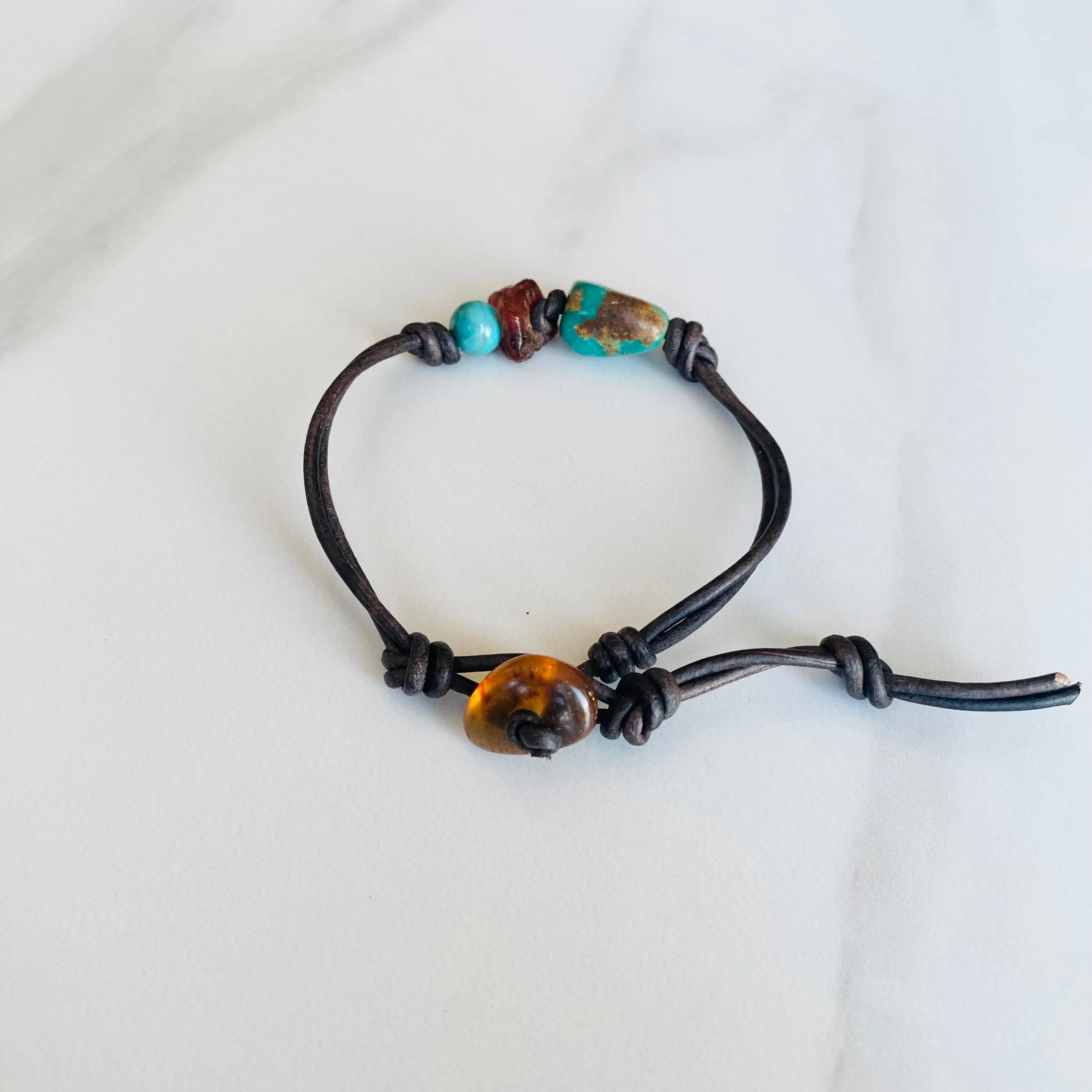 Turquoise & Amber Leather Bracelet