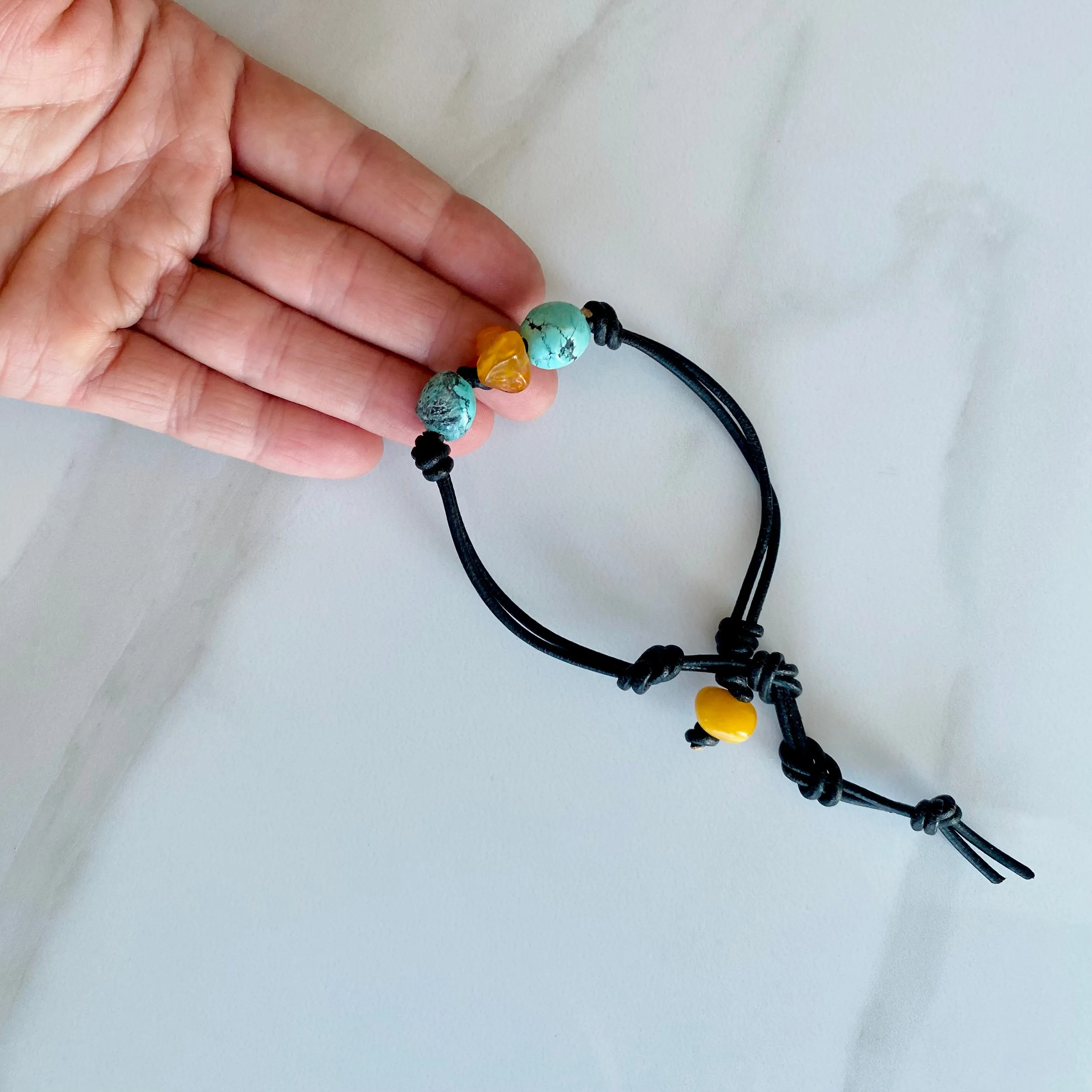 Turquoise & Amber Leather Bracelet