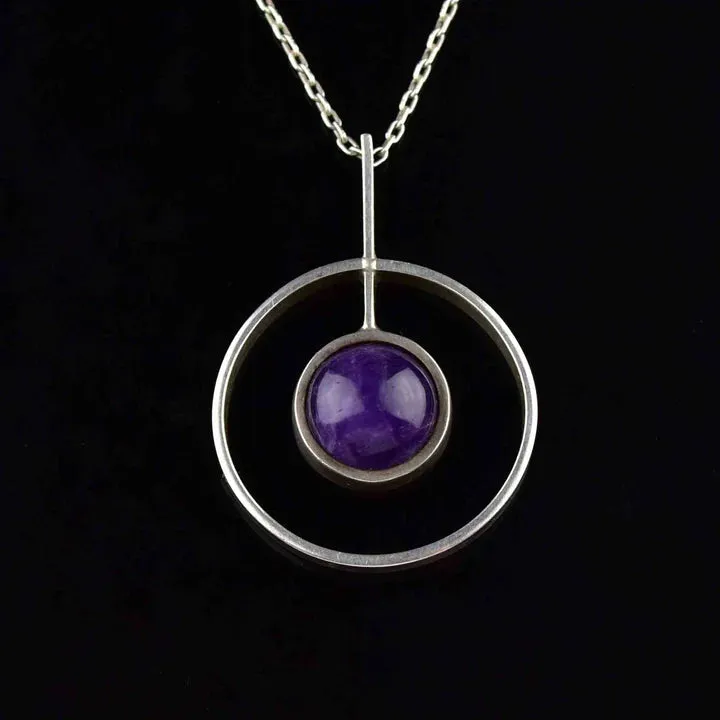 Vintage Modernist Amethyst Cabochon Target Pendant - 925 Solid Sterling Silver Necklace