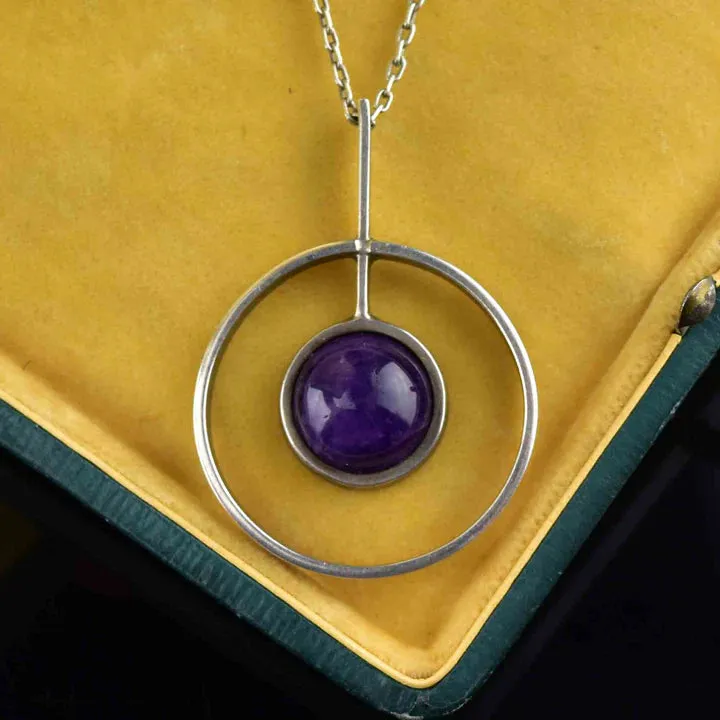 Vintage Modernist Amethyst Cabochon Target Pendant - 925 Solid Sterling Silver Necklace