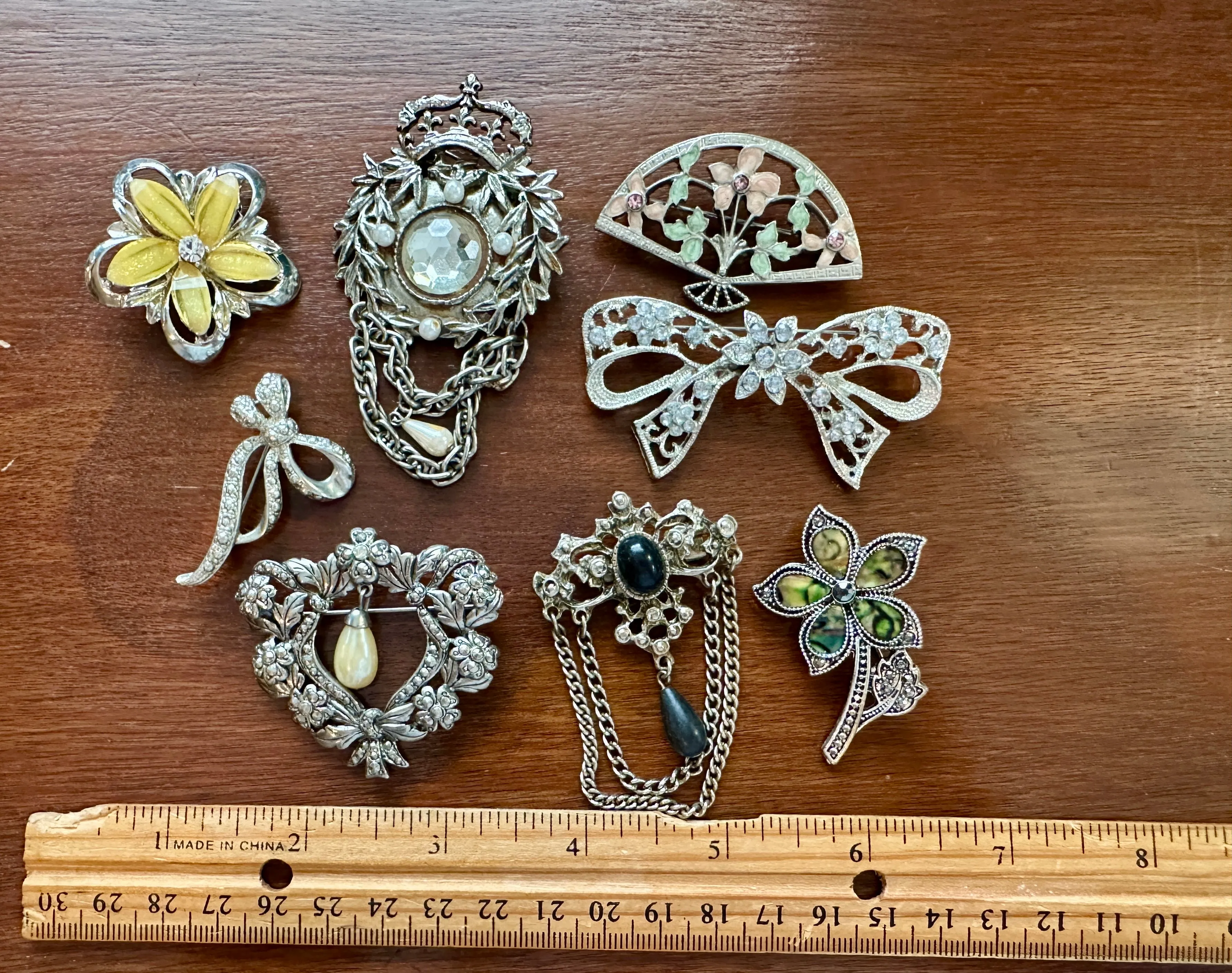 Vintage Victorian Style Silver Tone Brooch Brooches Pin Lot Faux Pearl Dangly