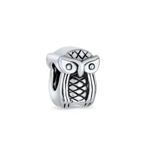 Wise Graduate Owl Bird Charm Bead in Oxidized Sterling Silver for Bracelets