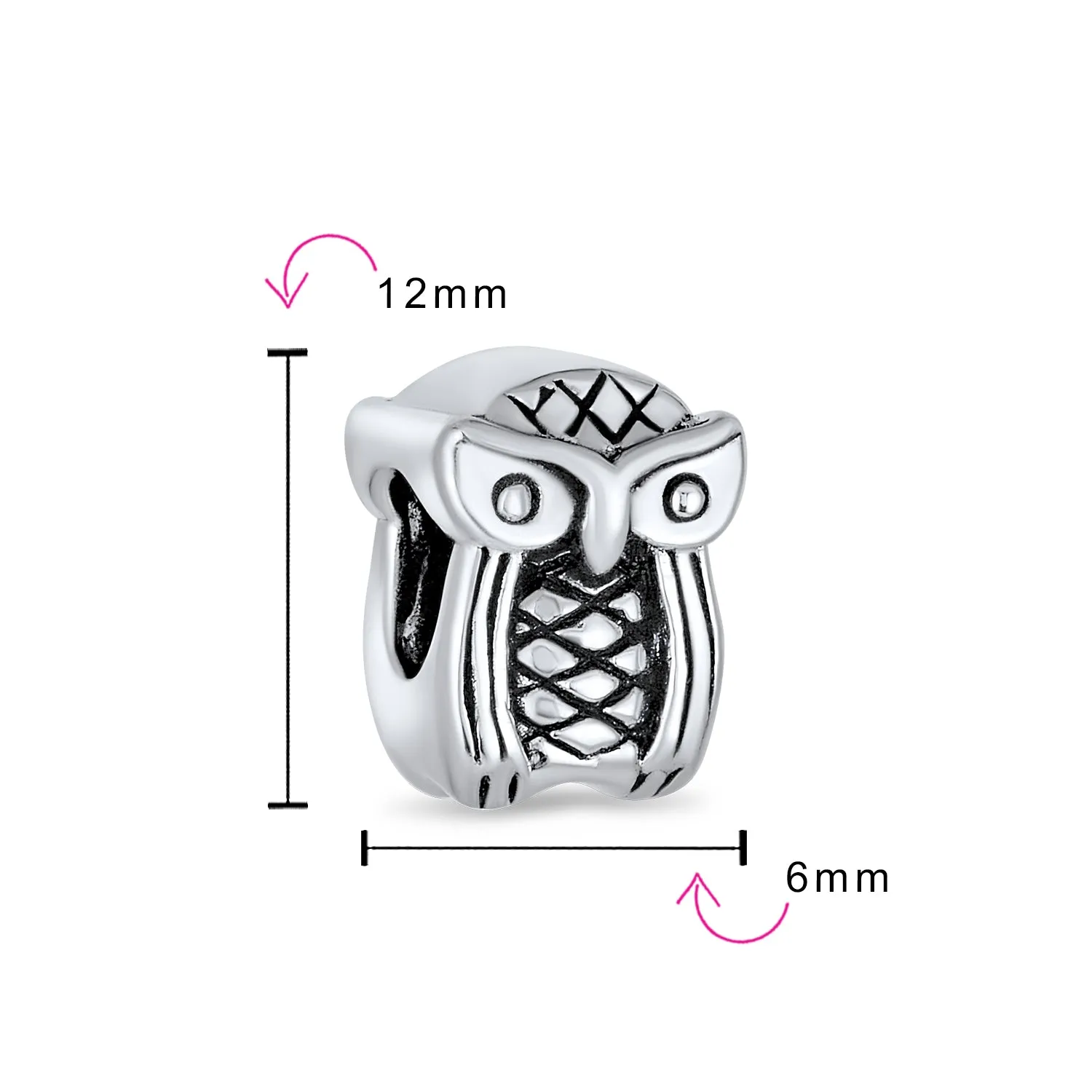 Wise Graduate Owl Bird Charm Bead in Oxidized Sterling Silver for Bracelets