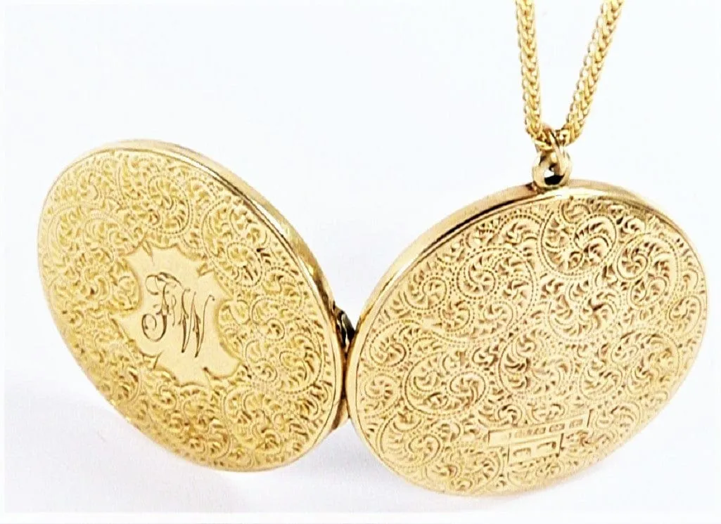 WWI Era Solid Gold Locket Initials F W / T W / J W With 9ct Necklace